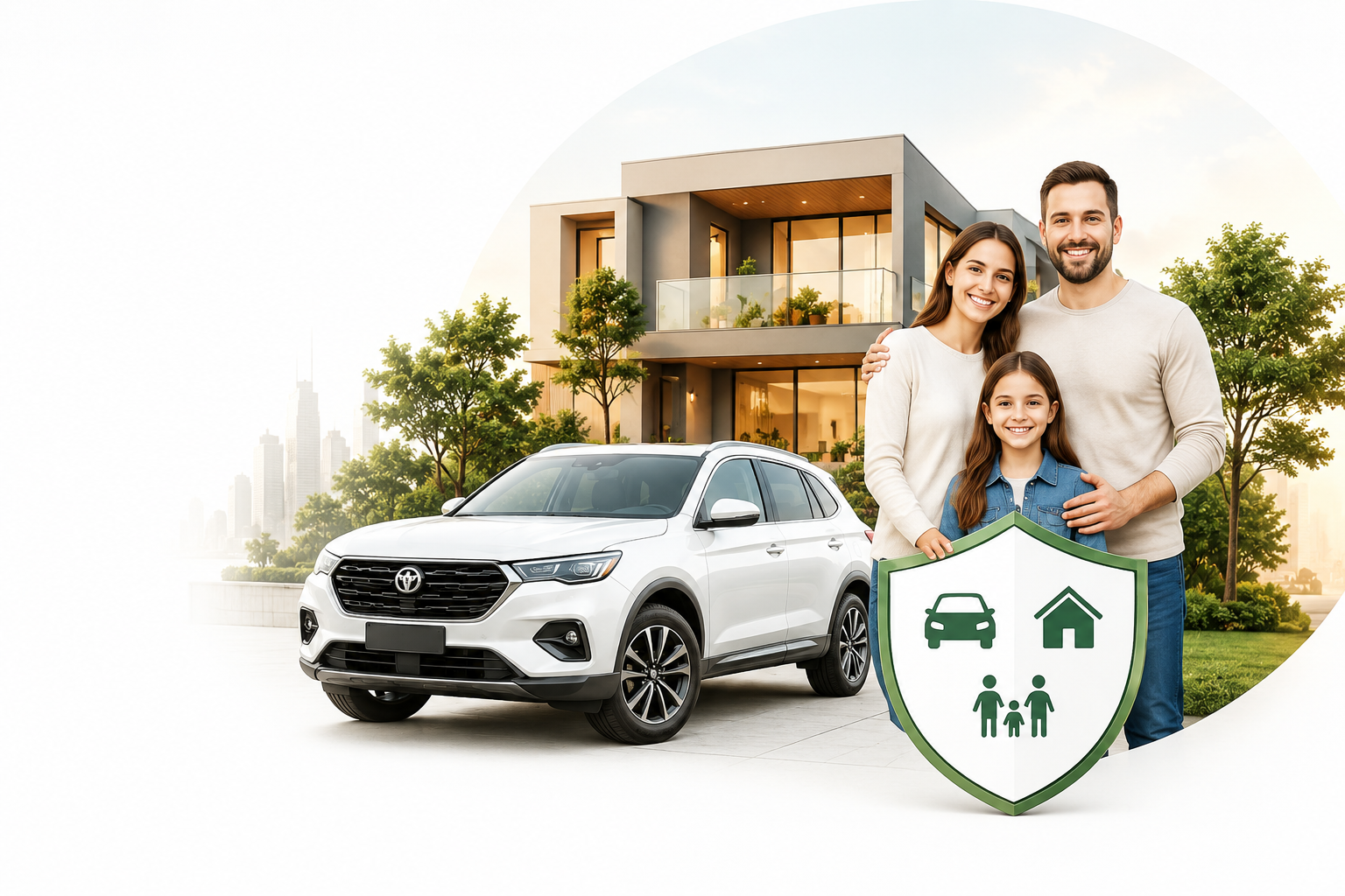 Família protegida com seguro de carro, casa e vida